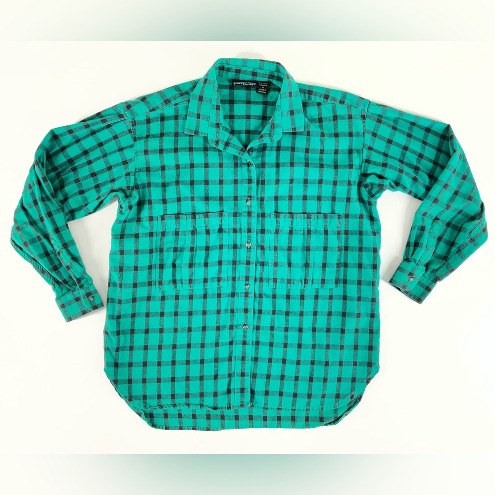 Patagonia Women’s Green Black Plaid Button Down Cotton Shirt Size Medium